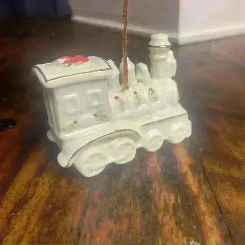 Porcelain Train Ornament, beautiful‎ detailed painted train, with gold trim.